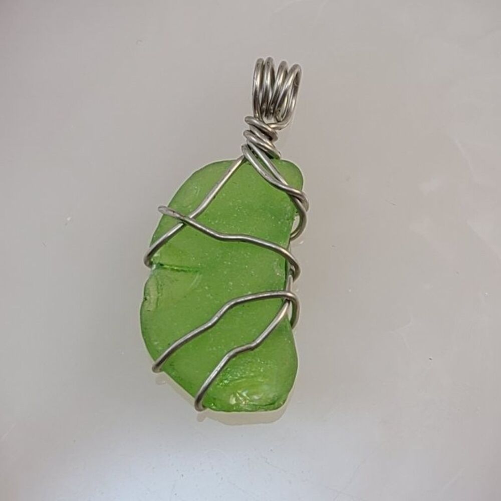 Green Sea Glass Wire Wrapped Silver Pendant Necklace Beach Nautical Jewelry Boho